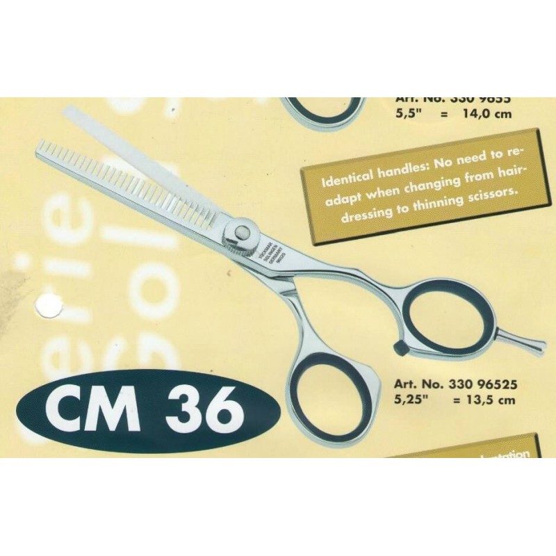 Thinning scissors CM 36: The thinning scissors with the qualities of a professional tool: Hollow grinding, 36 teeth with microse